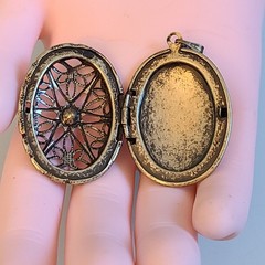 SALE Vintage Gothic Locket Pendant Red Glass Stone Spiderweb Filigree Starburst