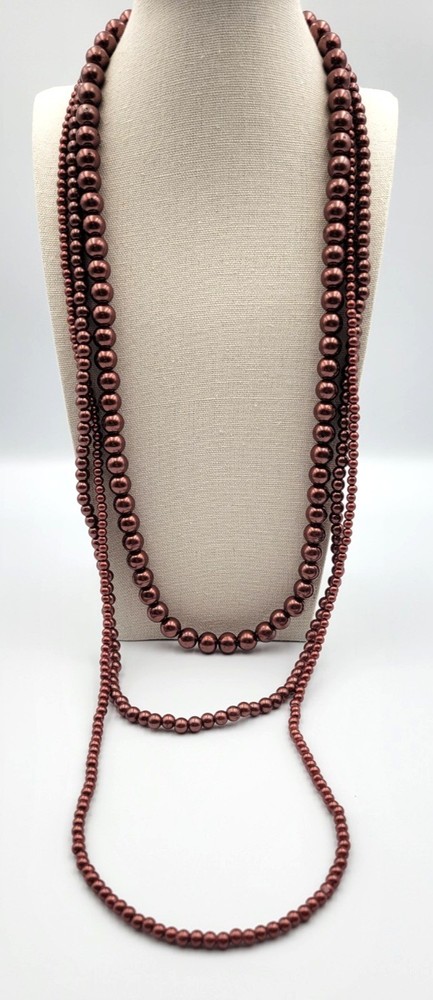 Vintage 3 Strand Bronze Burgundy Beaded Necklace Layered 26″ Box Clasp Heavy