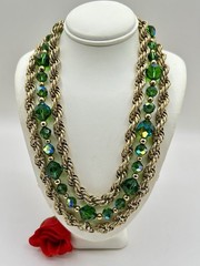 Signed Napier 3 Strand Green Aurora Borealis Crystal Bead Gold Chain Necklace