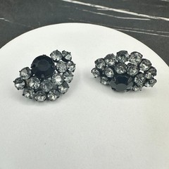 Vintage Black Rhinestone Cluster Earrings Glam Retro Statement