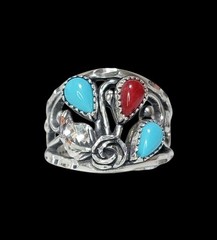 Wheeler MFG Sterling Silver Sleeping Turquoise Coral Diamond Cut Rose Leaf Ring