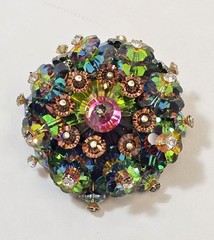 Vintage Vendome Style Green Blue Glass Rivoli Flowers Layered Brooch Rhinestones