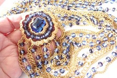 Vintage Signed Marvella Multi Strand Long Necklace Large Brooch Blue Glass Beads