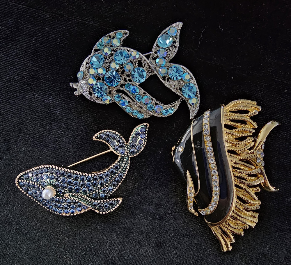 Lot of 3 Black Enamel Blue Rhinestone Fish Whale Brooch Nautical Sea Life Beach