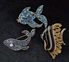 Lot of 3 Black Enamel Blue Rhinestone Fish Whale Brooch Nautical Sea Life Beach