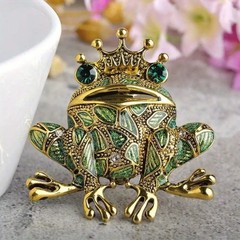 Vintage Frog Brooch Pin Green Rhinestone Eyes Gold Tone Animal Coat Scarf Gift N