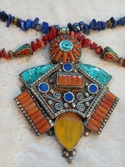 Vtg One-of-a-kind Coral Lapis Turquoise Tibetan Handmade Huge Necklace Pendant