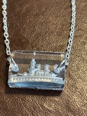 Vintage, Metal Ship Game Piece, Suspended in Resin, on a Silver Plated Chain.WOW