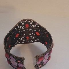 Vintage Style Wide Cuff Bracelet Bronze Tone Red Rhinestones Pink Floral