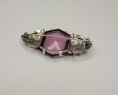 Vintage Marcasite Rhinestones Huge Purple Glass Stone Brooch