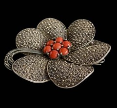Theodor Fahrner Silver Brooch PIN 925 Markasite and Coral