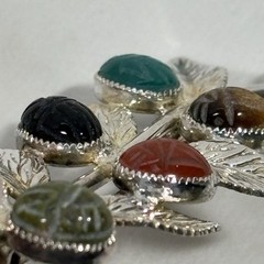 VTG Egyptian Scarab Leaf Brooch Pin Multi Gemstone Sterling Silver Designer JJJ