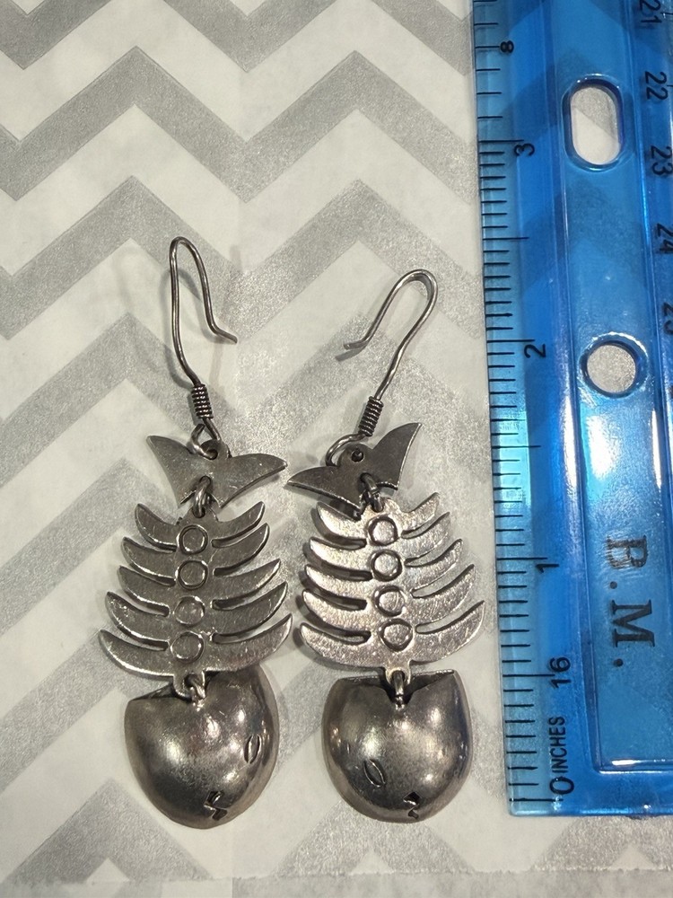 Vintage Mexico 925 Sterling Silver Fish Skeleton Dangle Earrings Taxco TR-89