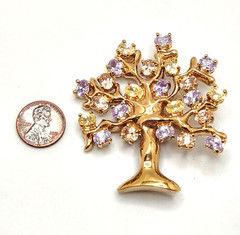 Francesca Visconti Gold Tone Tree of Life Lavender & Yellow Rhinestone Brooch
