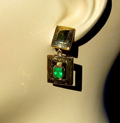 Original EARTH MINED EMERALD Deco Design Earrings Vintage Style Dangles 14K GOLD
