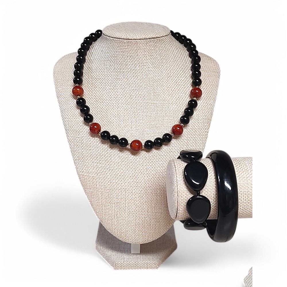 VTG Chunky Black Brown Beaded Everyday Statement Necklace Bracelet Set 17.5″