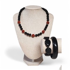VTG Chunky Black Brown Beaded Everyday Statement Necklace Bracelet Set 17.5″