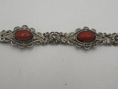 Antique 800 Silver Filigree Bracelet with Coral Cabochons 7 1/2″ Signed Etruscan