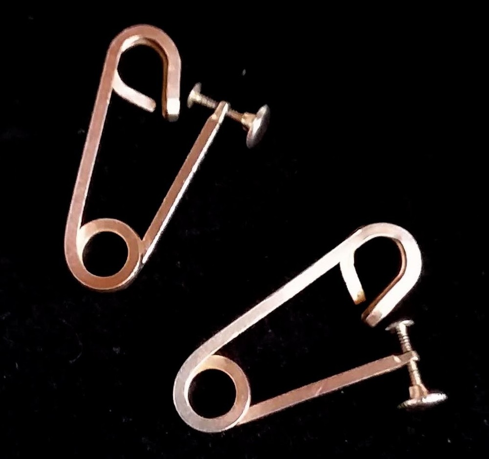 Vintage 40s-50s Punk Rock Safety Pin Screw Back Gold Tone Earrings