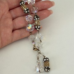 Vintage Clear AB Crystal Gold Tone Flower Openwork Beaded Tassel Bracelet 6.75″