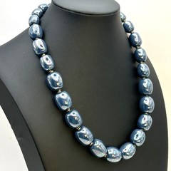 Vintage Iridescent Blue Peacock Glazed Ceramic Bead Necklace 100g 18”