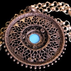 Vintage Large Imitation Turquoise Open Work Cut Out Medallion Necklace 32in