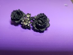 Vintage Juliana D&E Molded Plastic Rhinestone Flower Brooch Pin Mourning Jewelr