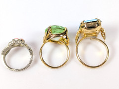 Vtg Victorian Revival Ring Lot Green Glass Blue Flower Enamel Adjustable