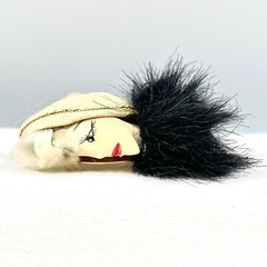Vtg GoldTone Brooch 1980’s Fashion Lady Fur Headband Blonde Braided Hair Bangs O