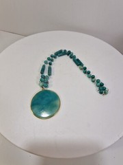 Vintage Polished Blue Stone Pendant Beaded Necklace 26″ in, Carved Sun, *111t