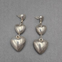 Vintage Silvertone Triple Puffed Heart Dangle Post Earrings 2″ Y2K Statement