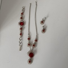 Vintage Antique Silesian Iron Wirework Necklace & Bracelet, Faux Ruby And Silver