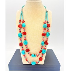 Turquoise & Sponge Coral Necklace, Double Strand, 925 Clasp, 1990s–2000s