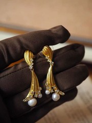 Vintage Pearl Gold Drop Earrings Crystal Statement Mid Century Modern Jewelry
