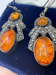 Vintage BOMA signed Baltic Amber Marcasite Sterling Earrings One Hook Beautiful