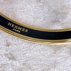 Vintage Hermes Enamel Bangle Bracelet Green Enamel Hibiscus Gold Rim 65 w/Case