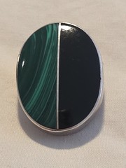 Vintage Mexico Sterling Silver Inlaid Malachite Onyx Large Oval Pendant