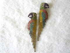 Vtg. Macaw Parrot Earring Crystal Rhinestone Dangle Statement 3.5” Long Gorgeous