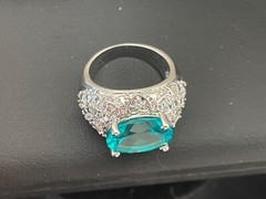 925 Sterling Silver vintage cocktail ring .5” aquamarine Ring 8 ornate MCM domed