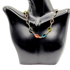 Choker Multicolor Crystal Station Gold Tone Patented Side Clasp Necklace 14.5 In