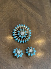 Vintage Mid-Century Turquoise Tone Clear Rhinestone Floral Brooch & Earrings Set