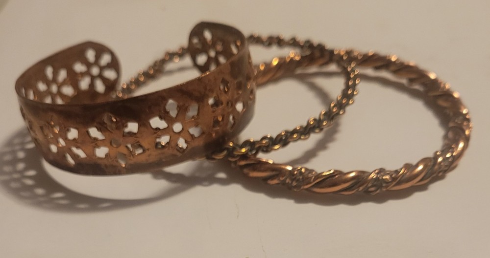 VINTAGE 3 Copper Bangle Bracelet 7 1/2″ To 8″ 3/4″ 1/4″ 1/5″ Wide Twist Floral