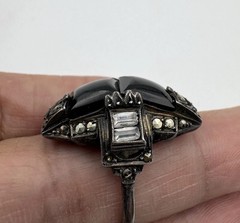 Vintage Art Deco Sterling Silver Marcasite Black Onyx Ring Size 5.25 READ