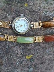 Vtg Multi Stone Inlay Panel Watch (works) Bracelet Set Chinese Symbol Good Luck