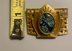 Vintage 80’s Art Deco Style Foil Cabochon Brass Tone Brooch Statement Piece