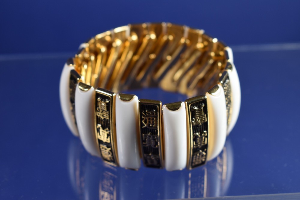 Vintage Gold Tone & White 1.25″ Wide Bracelet Hong Kong-Fits all Wrists
