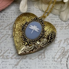 Gold Heart Locket Blue Wht Birthday Anniversary Wedding Dragonfly Cameo Necklace