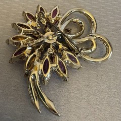 Vintage Signed Weiss Red Rhinestone Flower Brooch Cranberry Marquise Blue AB 3″