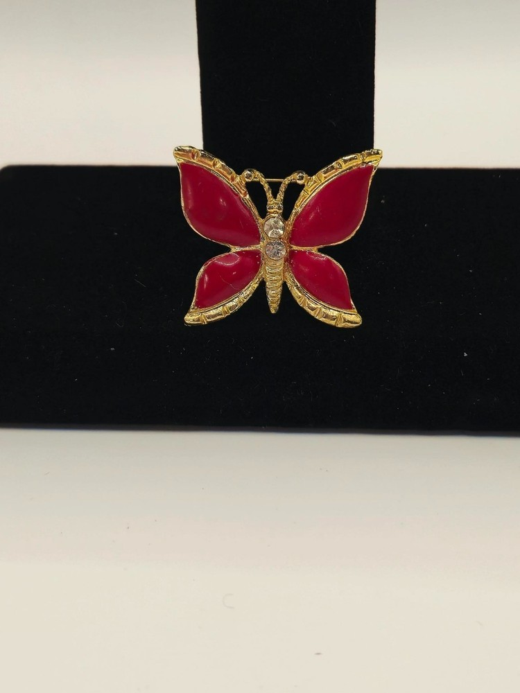 Vintage gold Plate Red Enamel Cloisonne Butterfly Brooch