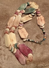 Vintage Art Deco Carved Bovine Necklace Pastel Pink Green Hexagon Geometric 34”
